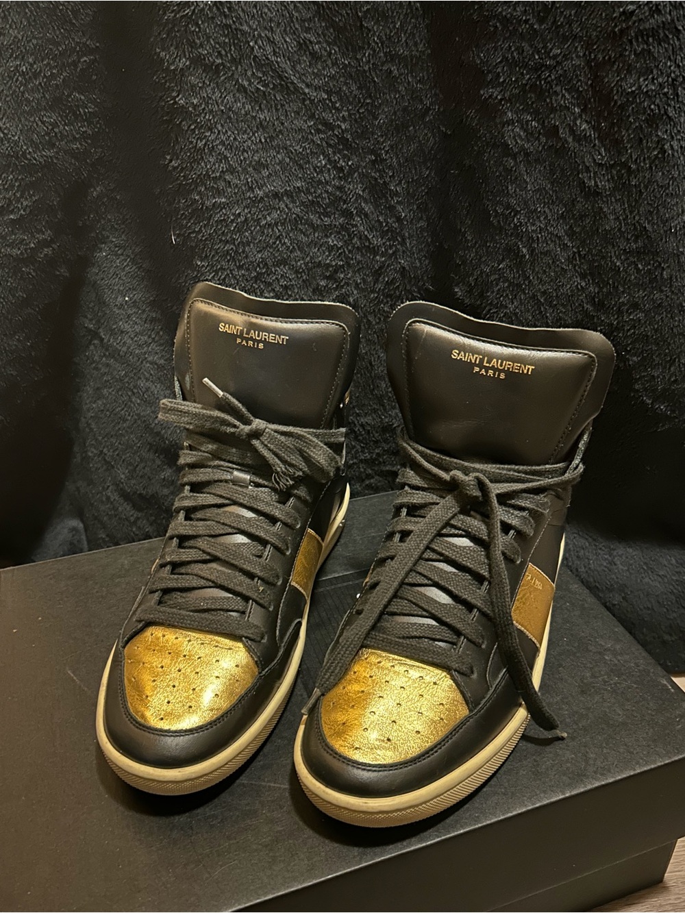 Saint Laurent Black and Gold High-Top Sneakers with Metallic Toe
